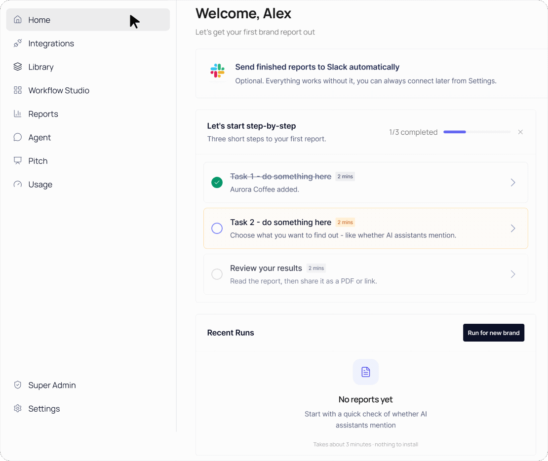 The Visiblie OS home dashboard, with onboarding steps and recent runs.